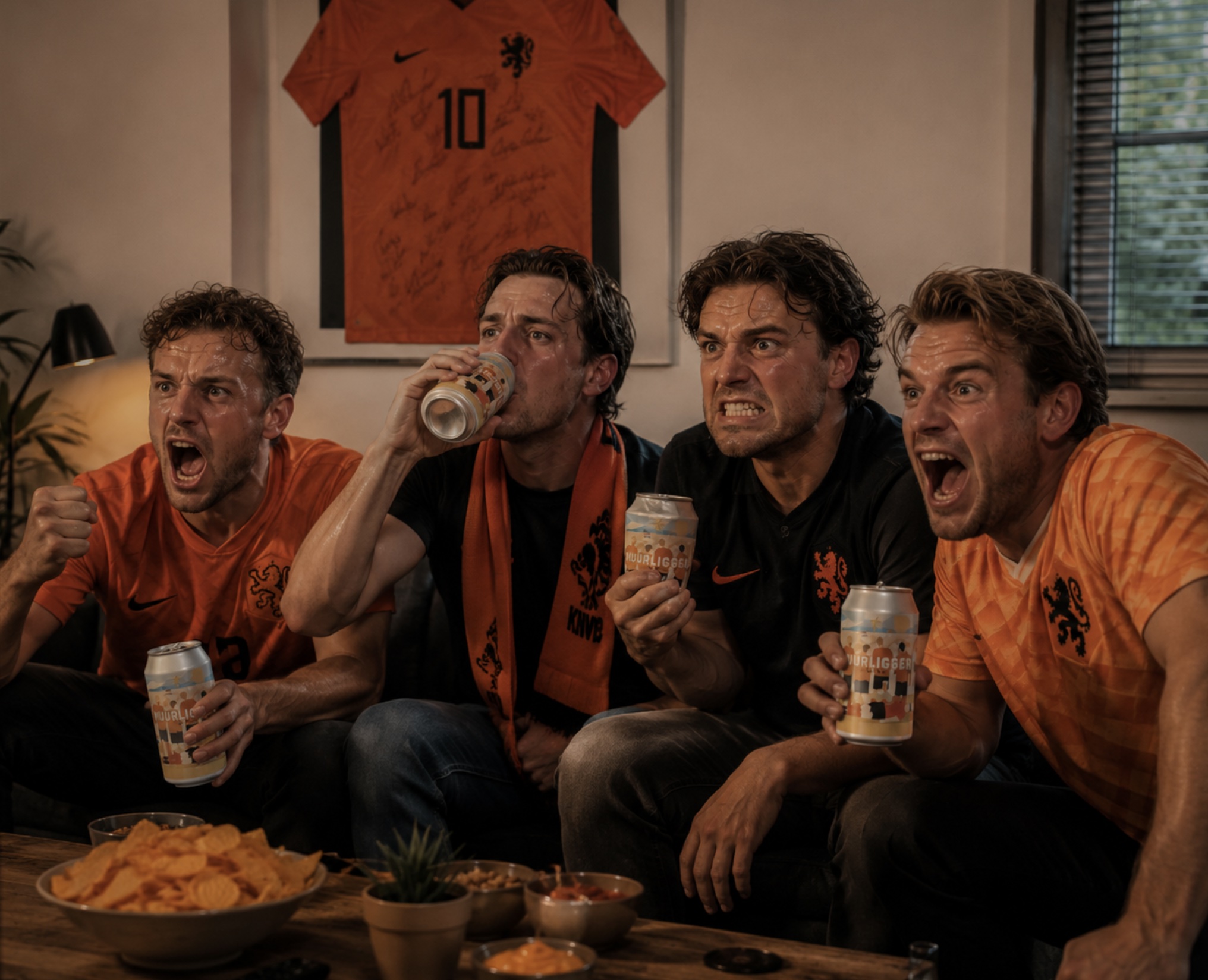 Vier vrienden drinken een muurligger
